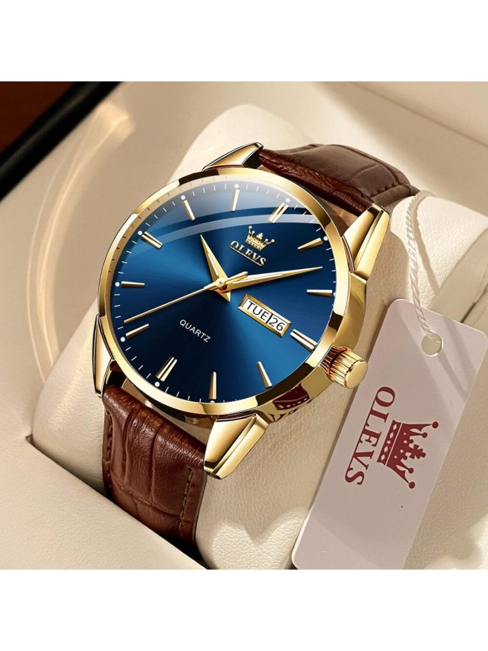 Men's Blue Dial Quartz Leather Brown Buckle Waterproof Luminous Round Watch - Picture 3 of 6